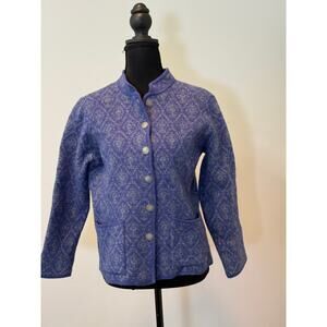 Appleseed Wool Blend Cardigan in Slate Blue and Cream with Scandinavian Buttons